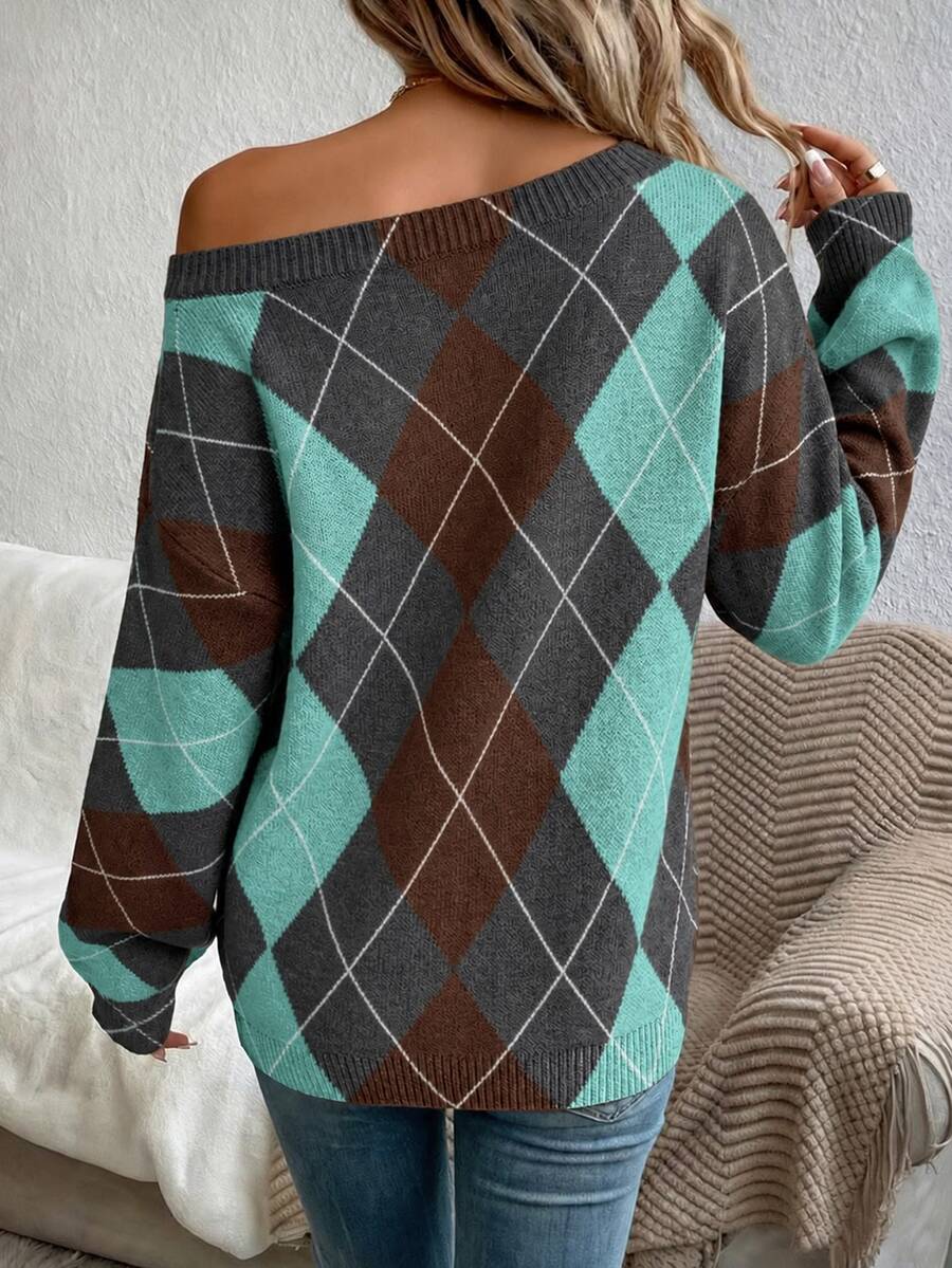 Off Shoulder Sweater Long Sleeve Pullover - Brown and Turquoise - photo 2