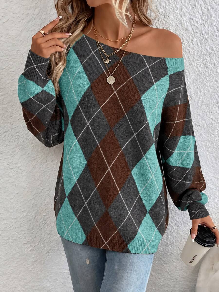Off Shoulder Sweater Long Sleeve Pullover - Brown and Turquoise - photo 5