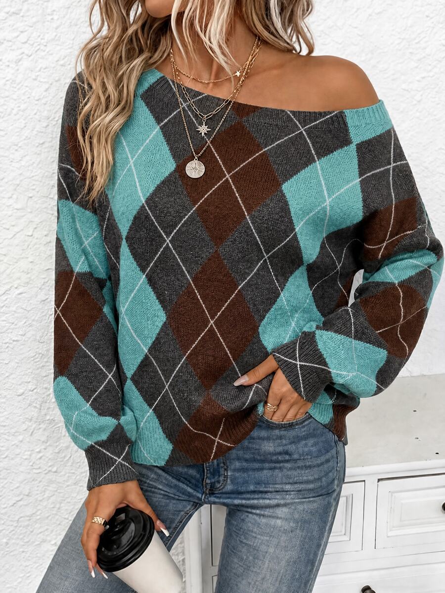 Off Shoulder Sweater Long Sleeve Pullover - Brown and Turquoise - photo 4