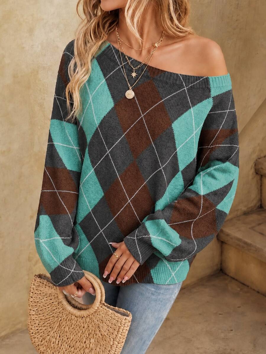 Off Shoulder Sweater Long Sleeve Pullover - Brown and Turquoise