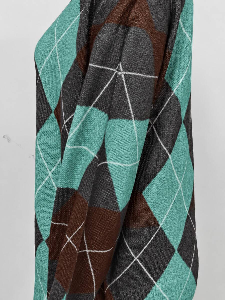 Off Shoulder Sweater Long Sleeve Pullover - Brown and Turquoise - photo 6