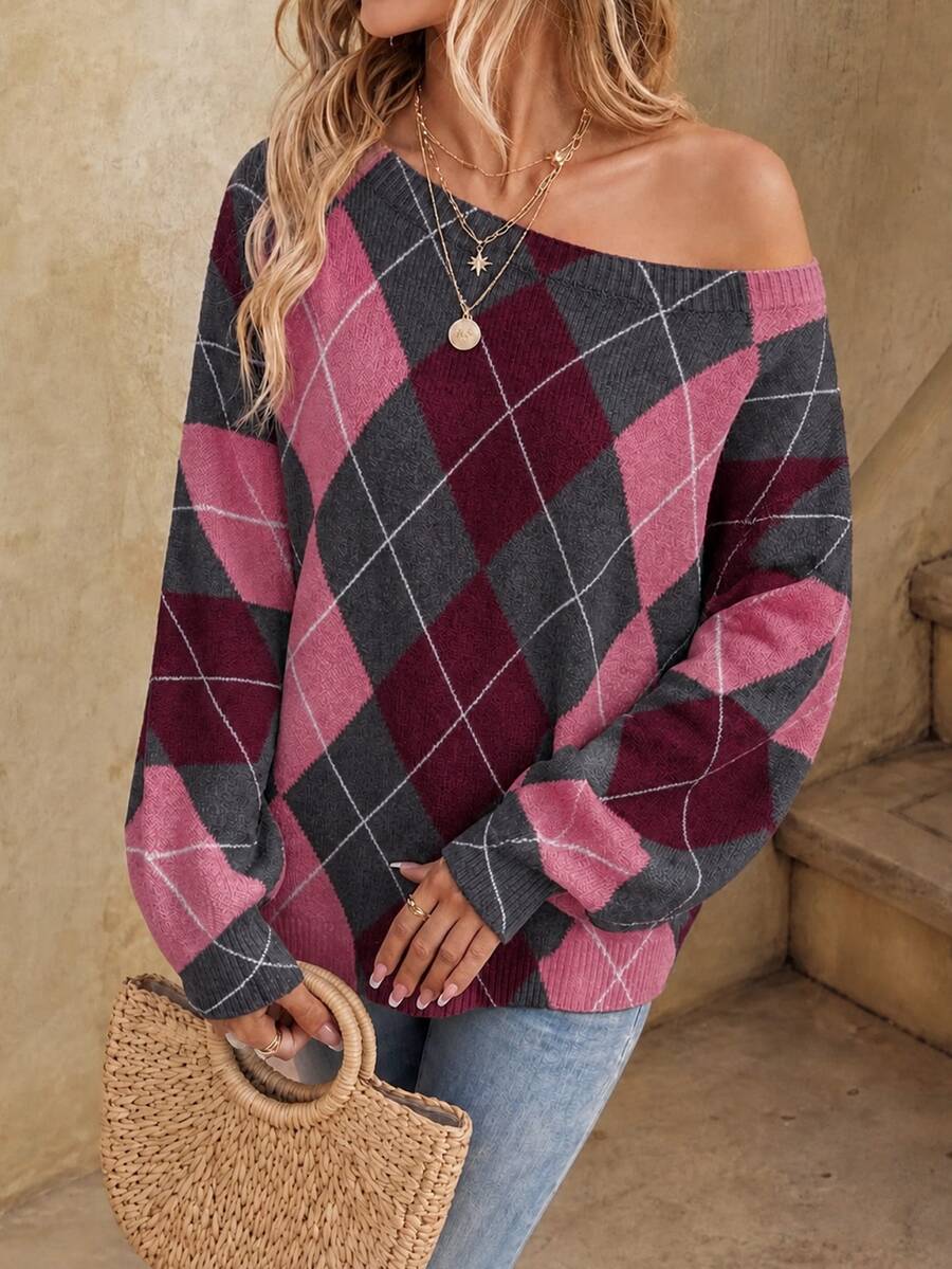 Off Shoulder Sweater Long Sleeve Pullover - Pink and Burgundy