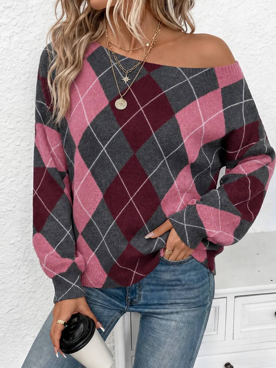 Off Shoulder Sweater Long Sleeve Pullover - Pink and Burgundy - photo 4