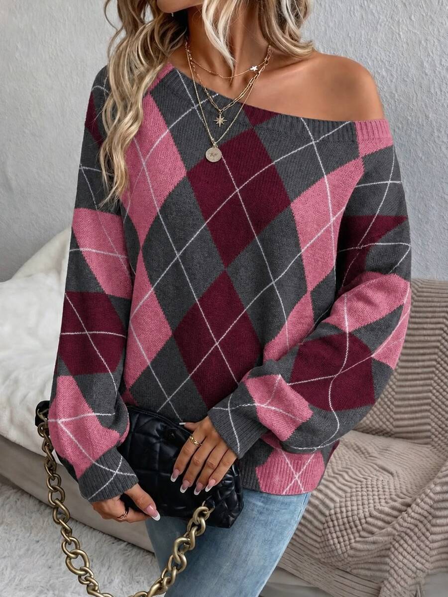 Off Shoulder Sweater Long Sleeve Pullover - Pink and Burgundy - photo 3