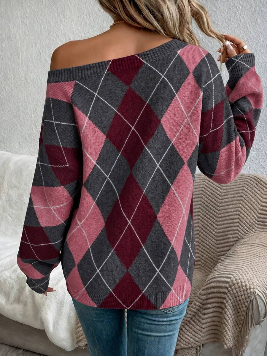 Off Shoulder Sweater Long Sleeve Pullover - Pink and Burgundy - photo 2