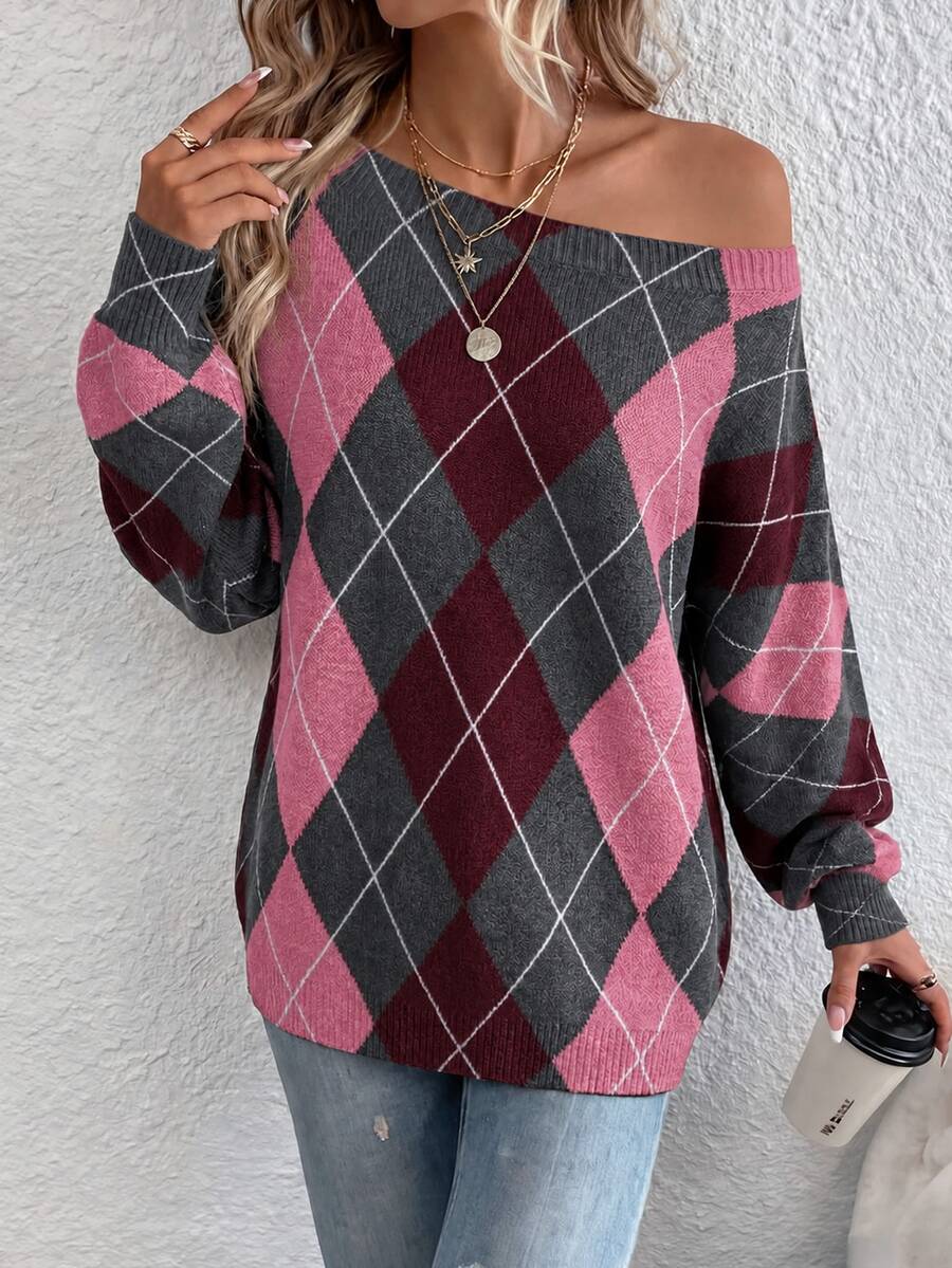 Off Shoulder Sweater Long Sleeve Pullover - Pink and Burgundy - photo 6