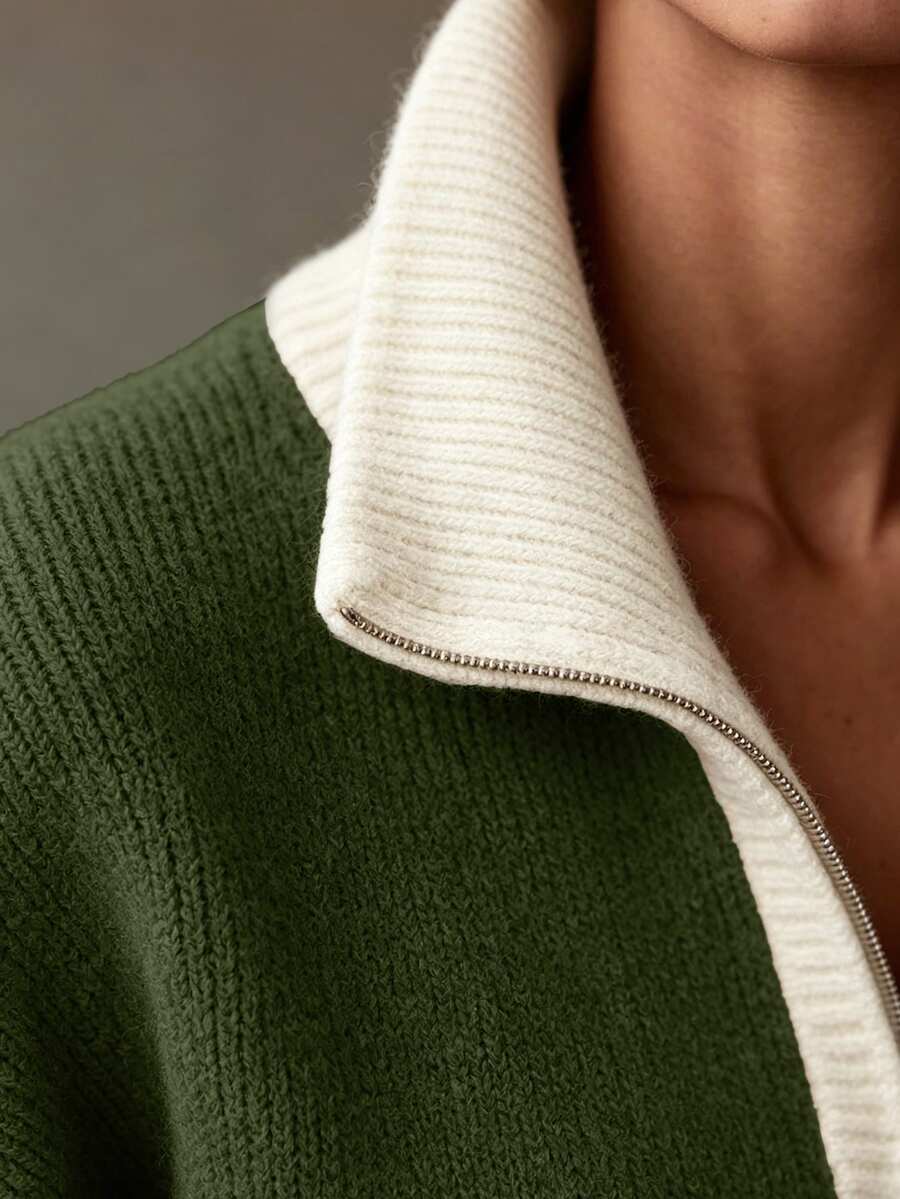 Drop Shoulder Contrast Collar Half Zip Sweater - Olive - photo 4