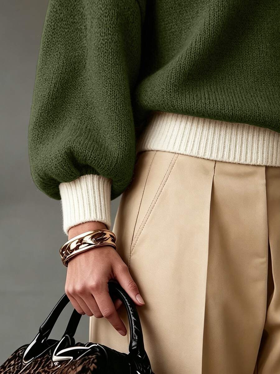Drop Shoulder Contrast Collar Half Zip Sweater - Olive - photo 5