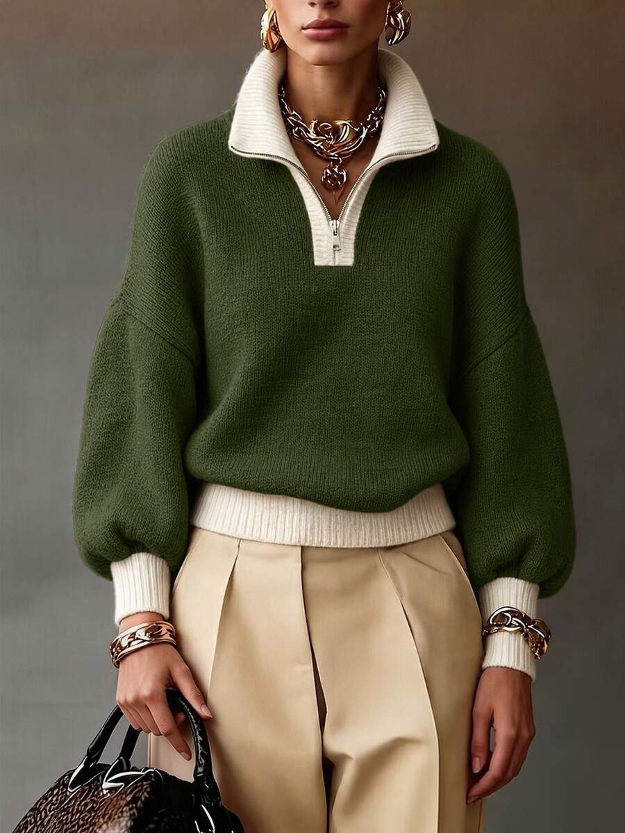 Drop Shoulder Contrast Collar Half Zip Sweater - Olive