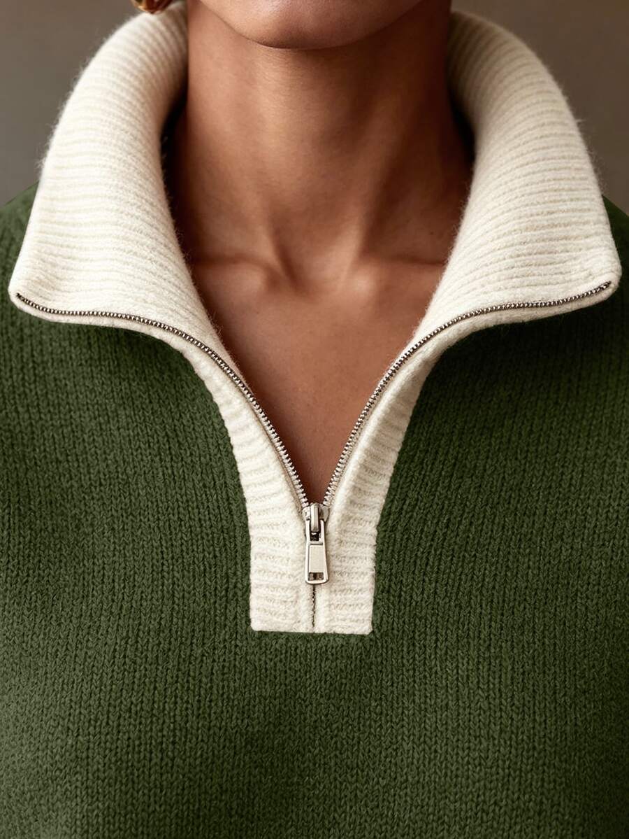 Drop Shoulder Contrast Collar Half Zip Sweater - Olive - photo 3