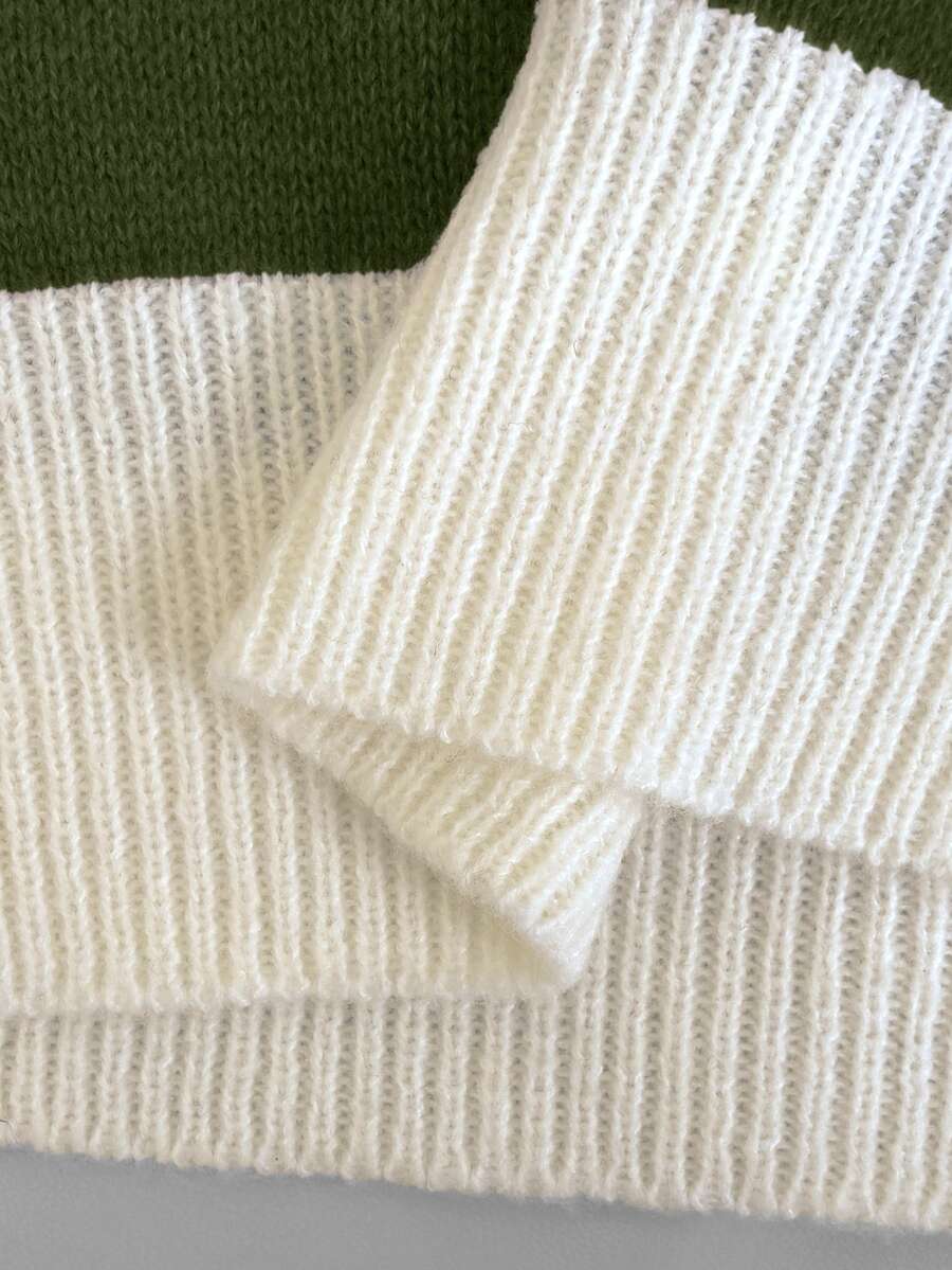 Drop Shoulder Contrast Collar Half Zip Sweater - Olive - photo 6