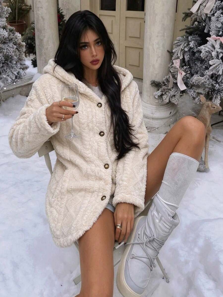 Oversized Hooded Fuzzy Jacket With Pockets - White - photo 3