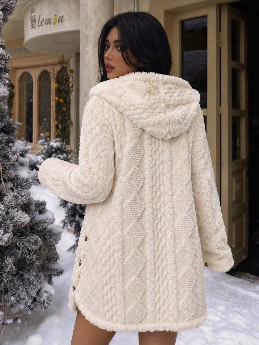 Women's Oversized Hooded Fuzzy Fleece Jacket with Pockets - Ivory - photo 4