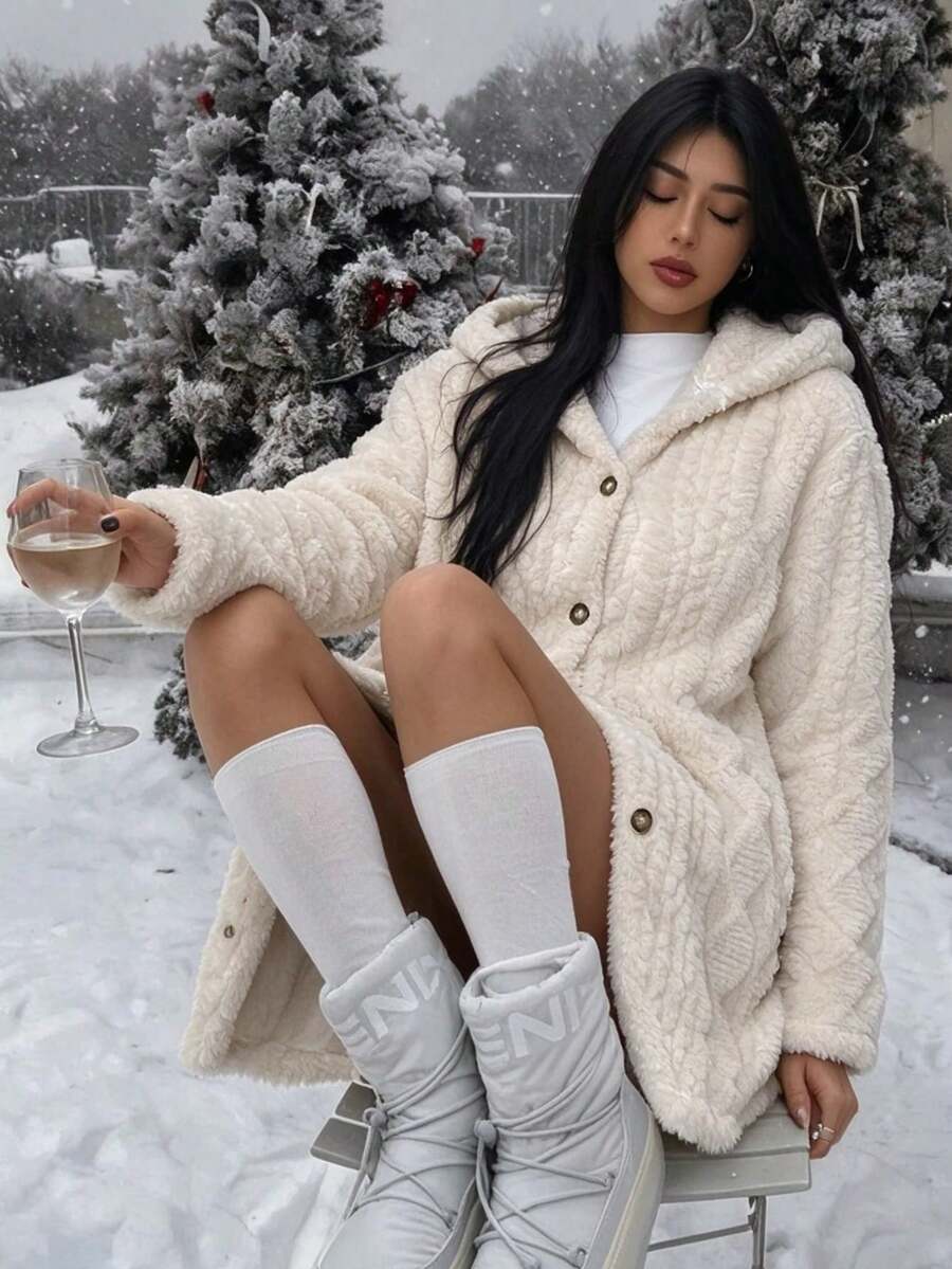 Women's Oversized Hooded Fuzzy Fleece Jacket with Pockets - Ivory - photo 6