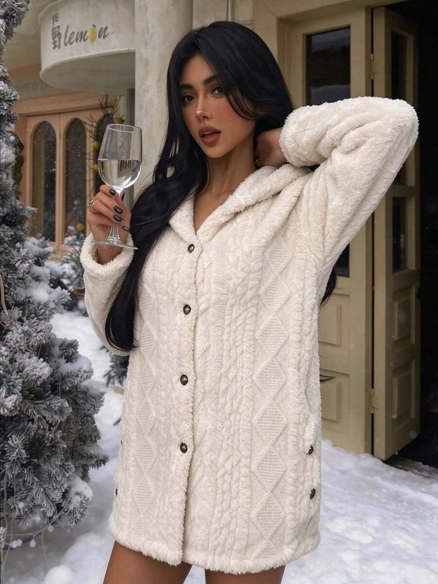 Oversized Hooded Fuzzy Jacket With Pockets - White - photo 2