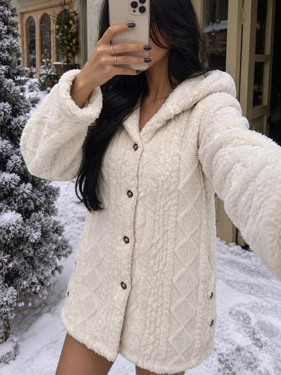 Oversized Hooded Fuzzy Jacket With Pockets - White