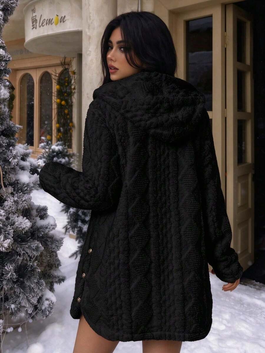Women's Oversized Hooded Fuzzy Fleece Jacket with Pockets - Dark Black - photo 4