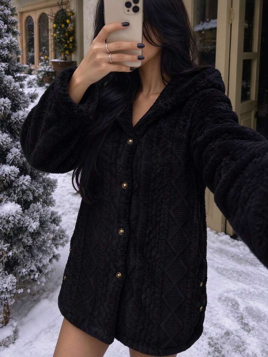 Oversized Hooded Fuzzy Jacket With Pockets - Black 2