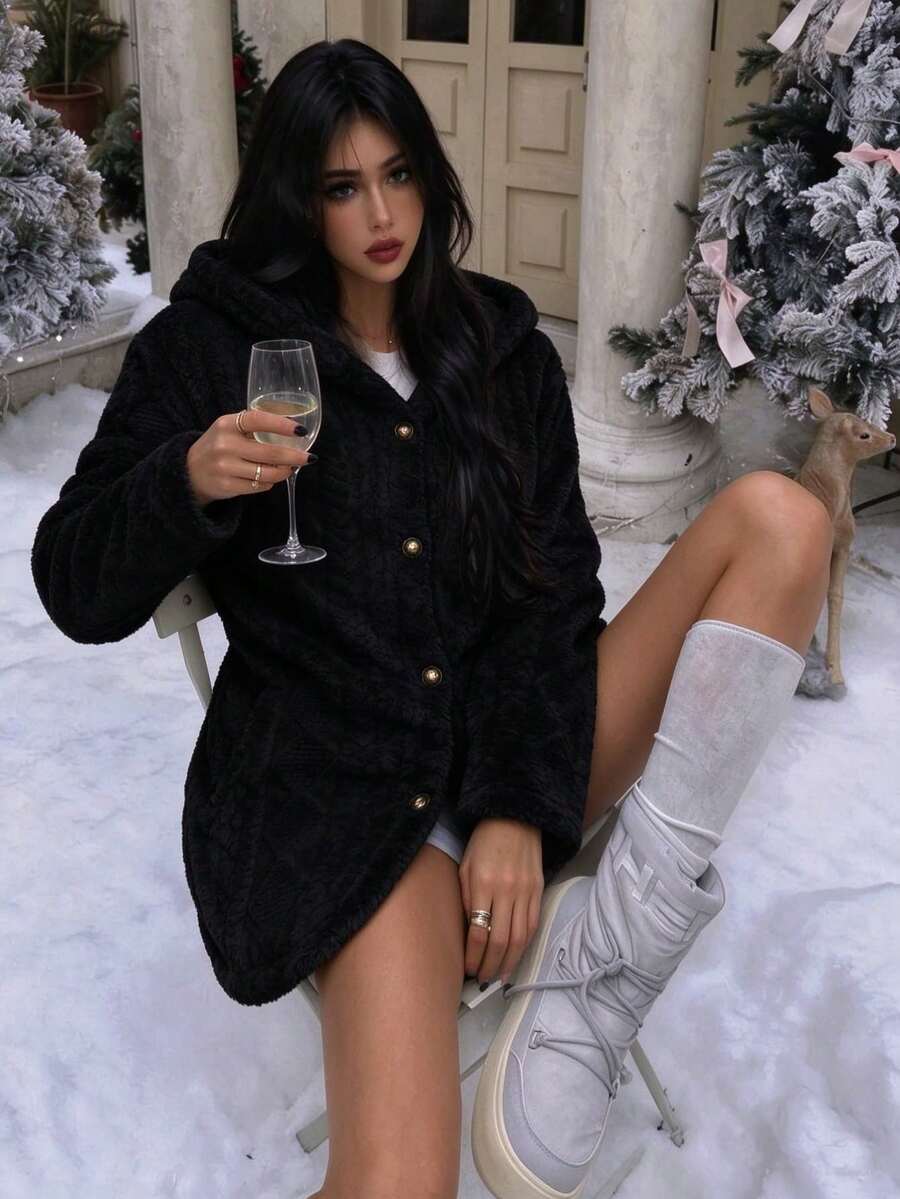 Oversized Hooded Fuzzy Jacket With Pockets - Black 2 - photo 3