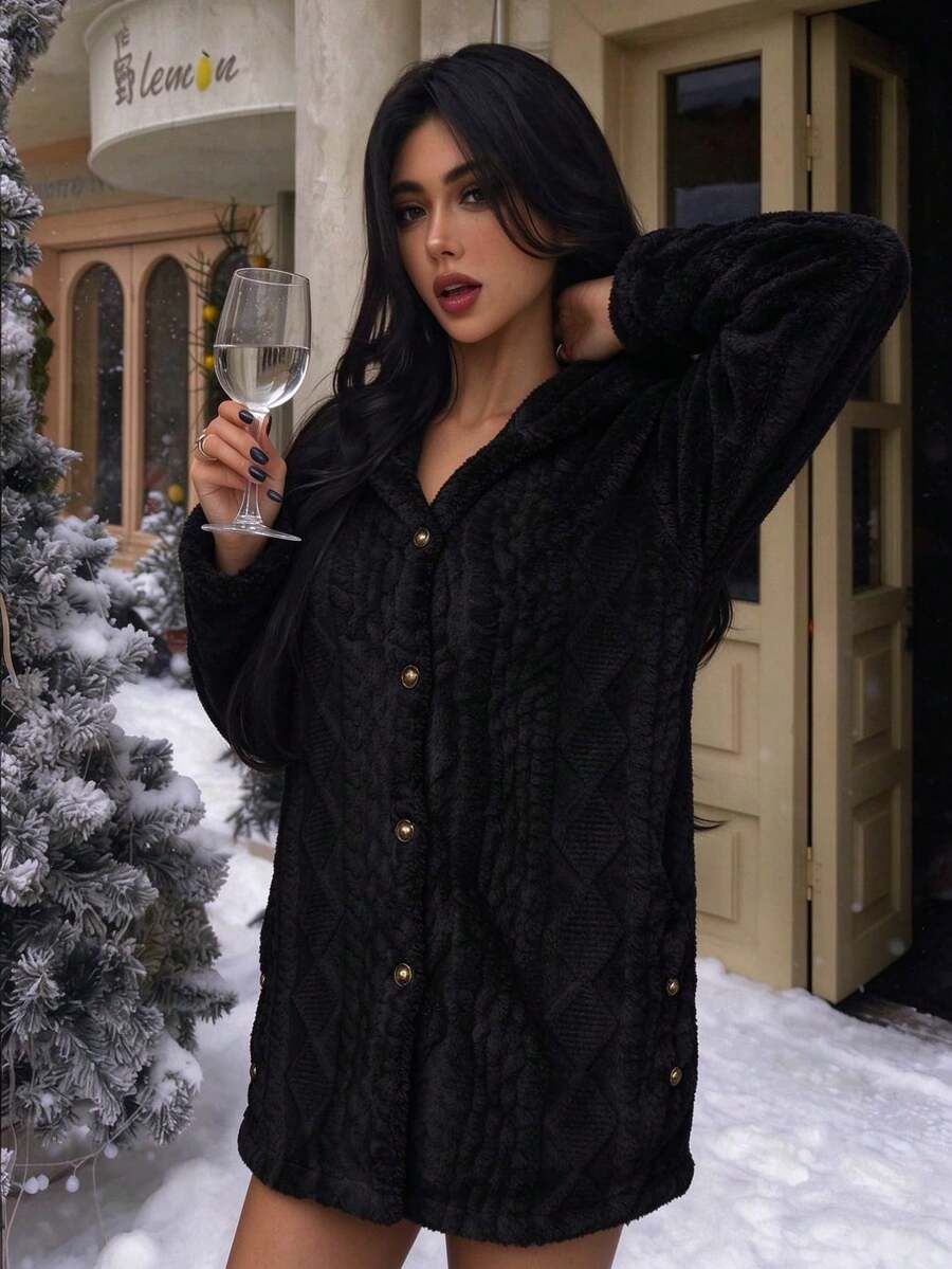 Women's Oversized Hooded Fuzzy Fleece Jacket with Pockets - Dark Black - photo 2
