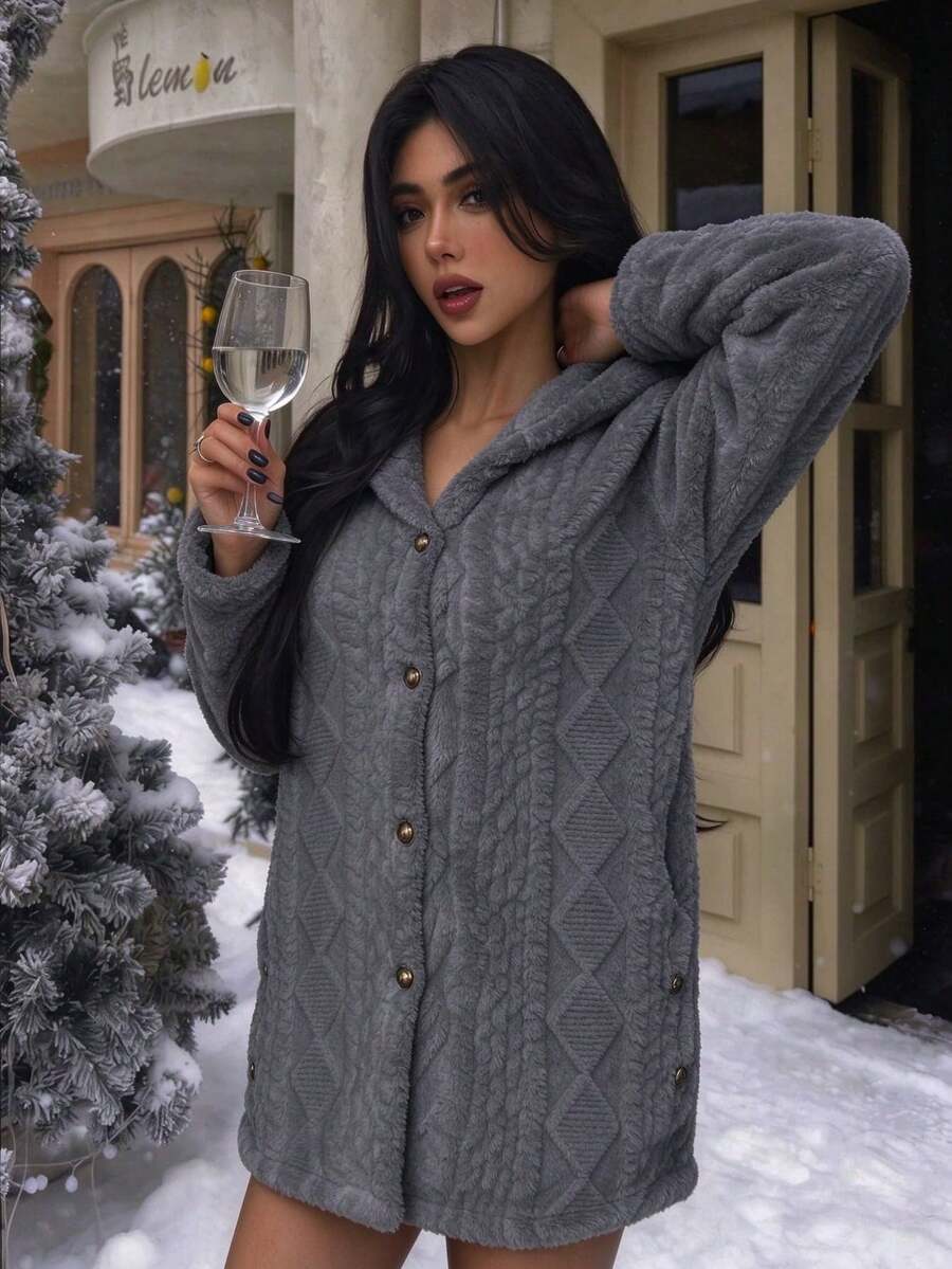 Oversized Hooded Fuzzy Jacket With Pockets - Gray - photo 2