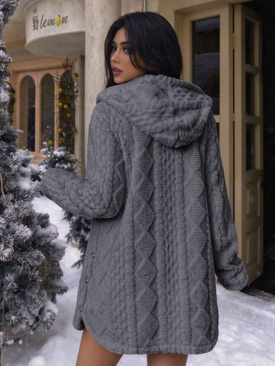 Oversized Hooded Fuzzy Jacket With Pockets - Gray - photo 4