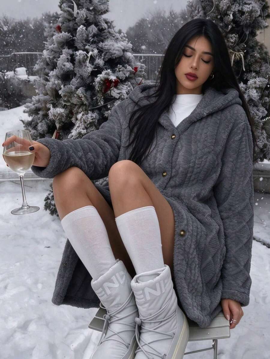 Oversized Hooded Fuzzy Jacket With Pockets - Gray - photo 6