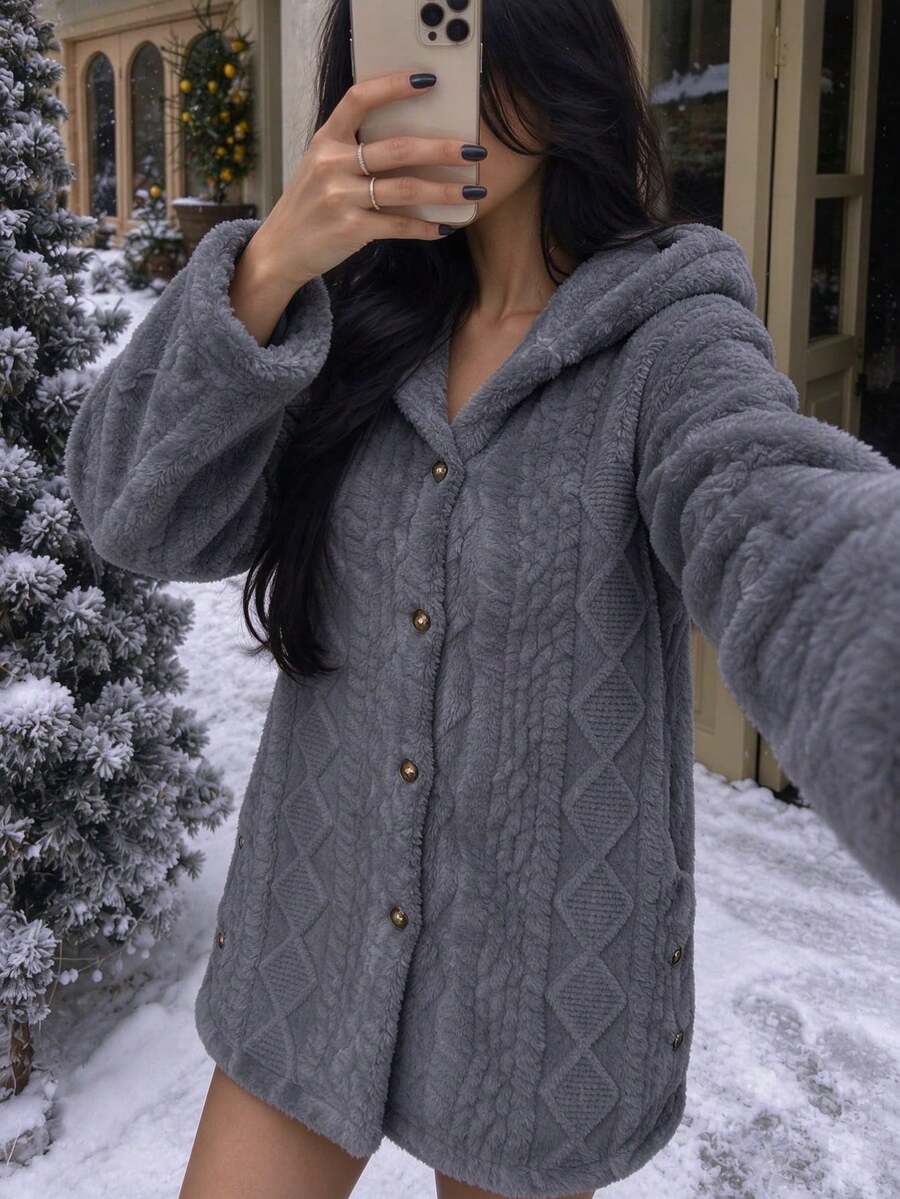 Oversized Hooded Fuzzy Jacket With Pockets - Gray