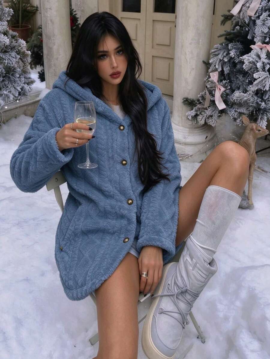 Oversized Hooded Fuzzy Jacket With Pockets - Blue - photo 3
