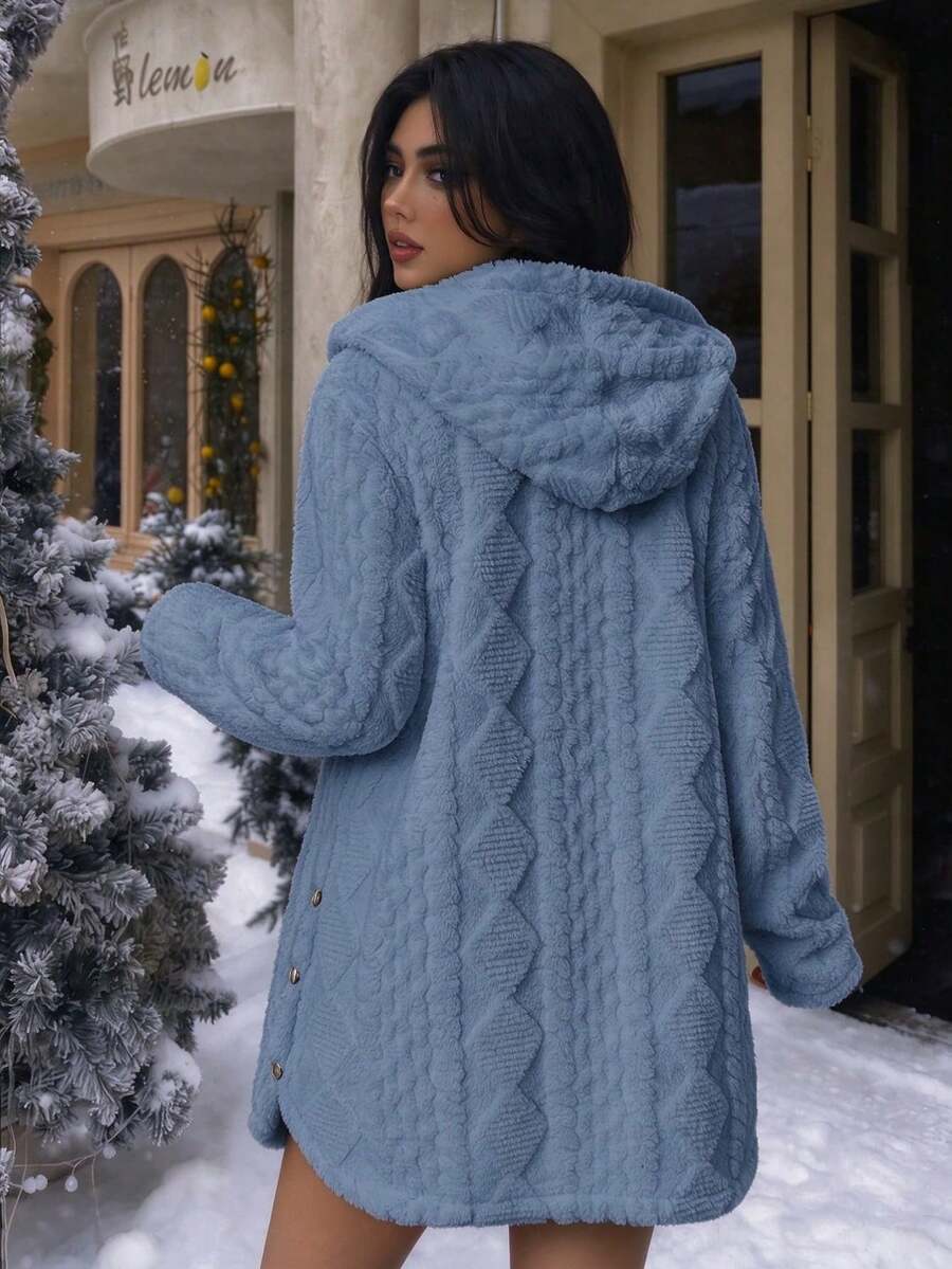 Women's Oversized Hooded Fuzzy Fleece Jacket with Pockets - Dusty Blue - photo 4