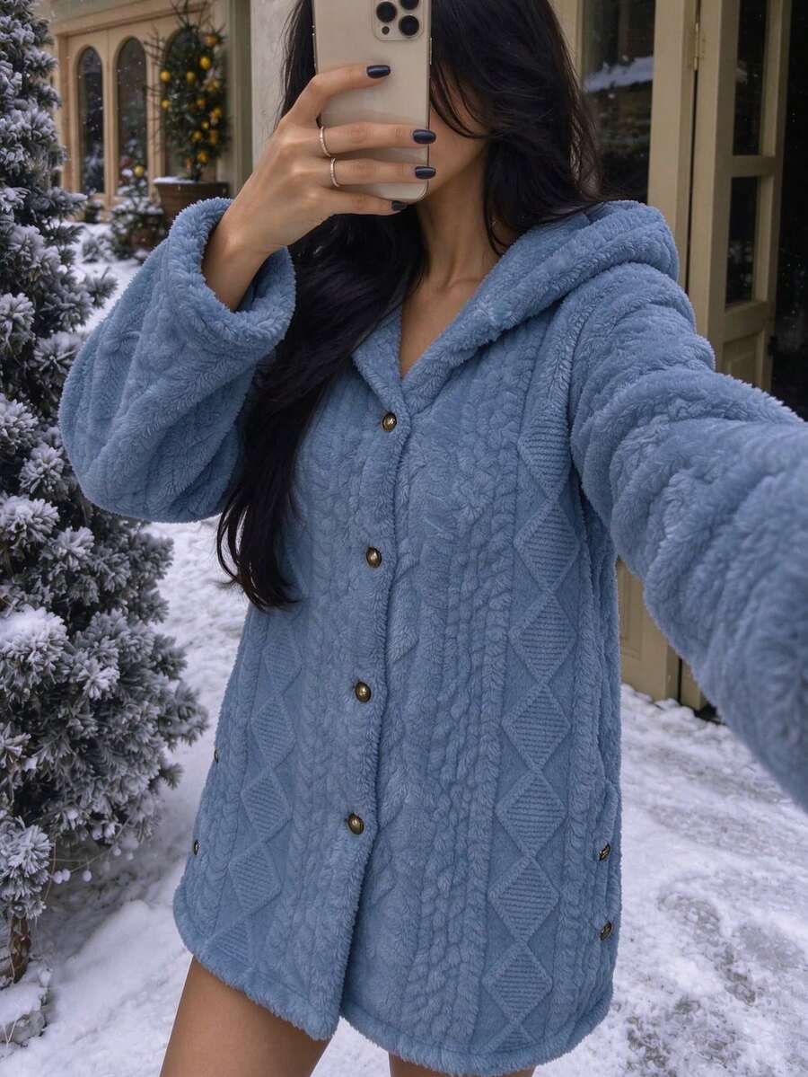 Oversized Hooded Fuzzy Jacket With Pockets - Blue
