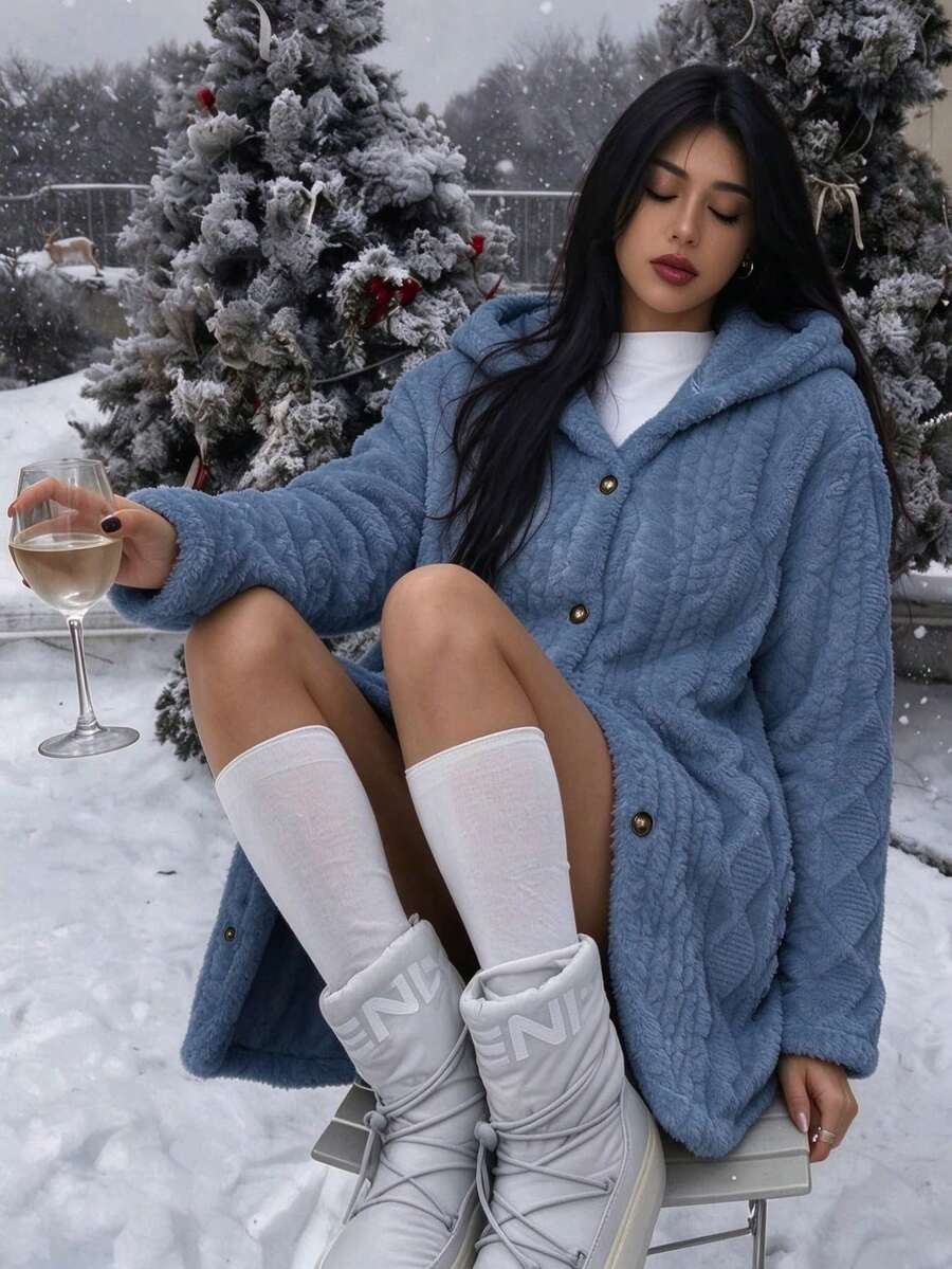 Oversized Hooded Fuzzy Jacket With Pockets - Blue - photo 6