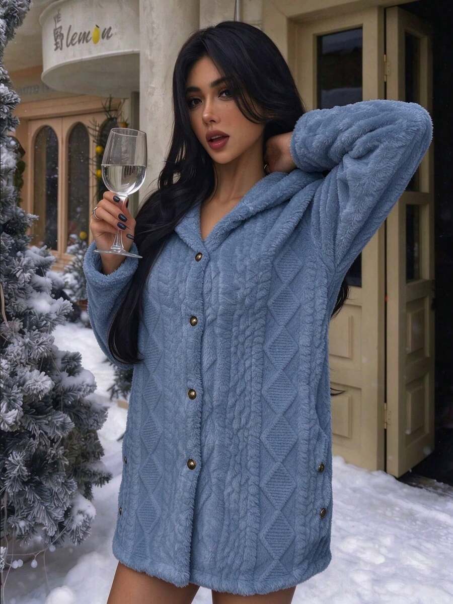 Women's Oversized Hooded Fuzzy Fleece Jacket with Pockets - Dusty Blue - photo 2