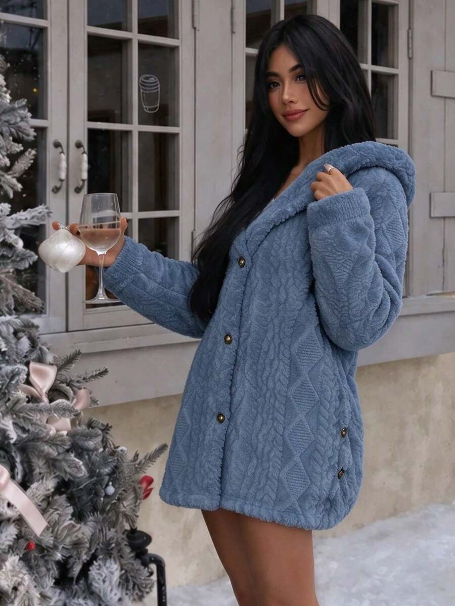 Women's Oversized Hooded Fuzzy Fleece Jacket with Pockets - Dusty Blue - photo 5