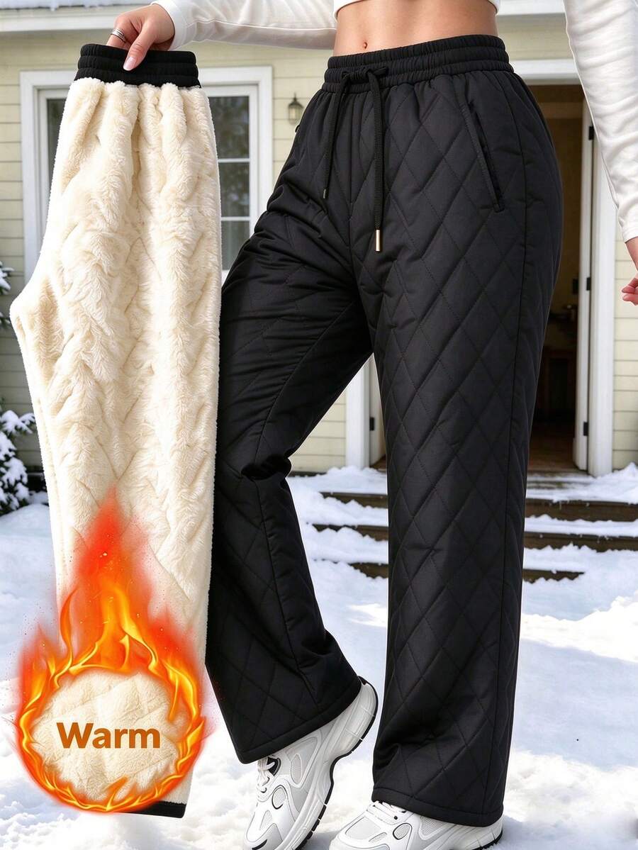 Women's Quilted Lined Pants Elastic Waist Straight Leg - Black