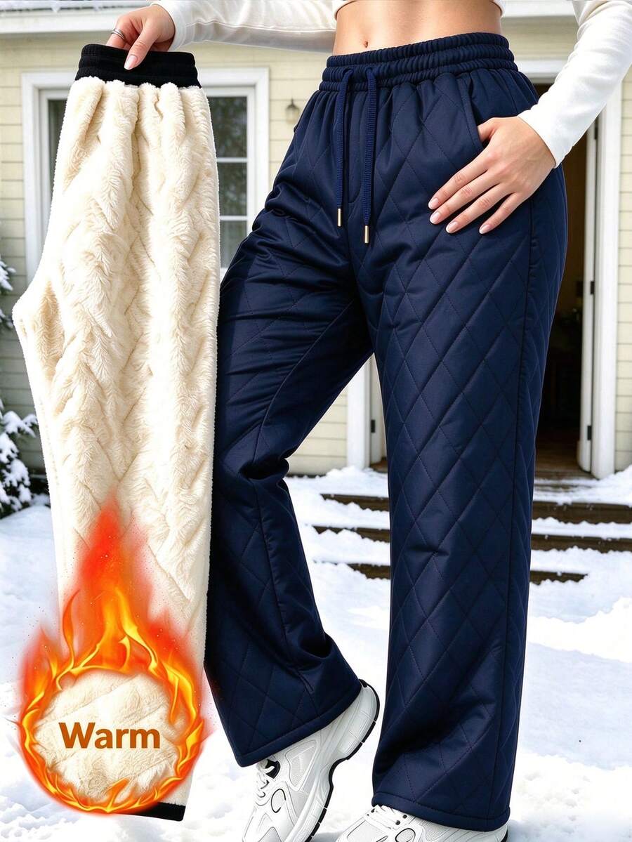 Women's Quilted Lined Pants Elastic Waist Straight Leg - Navy