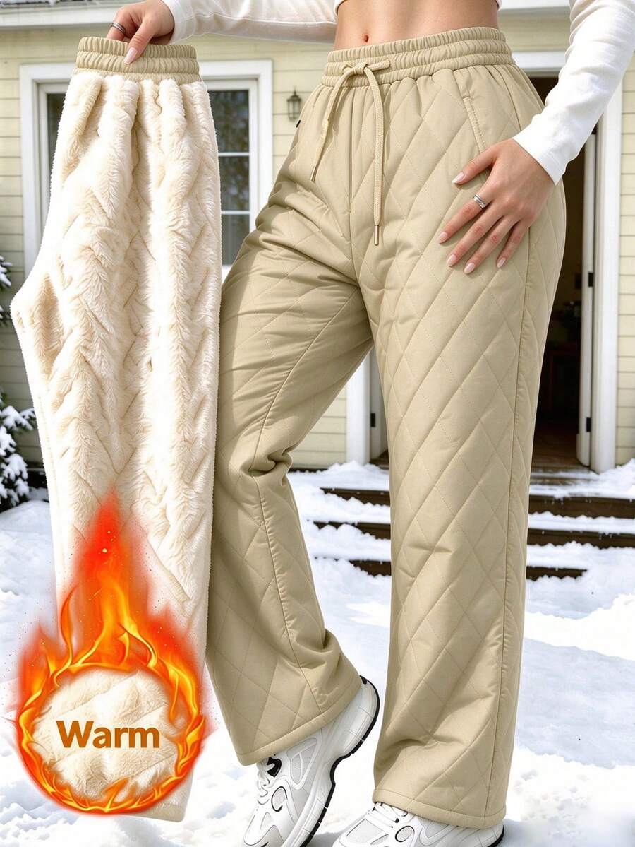 Women's Quilted Lined Pants Elastic Waist Straight Leg - Beige