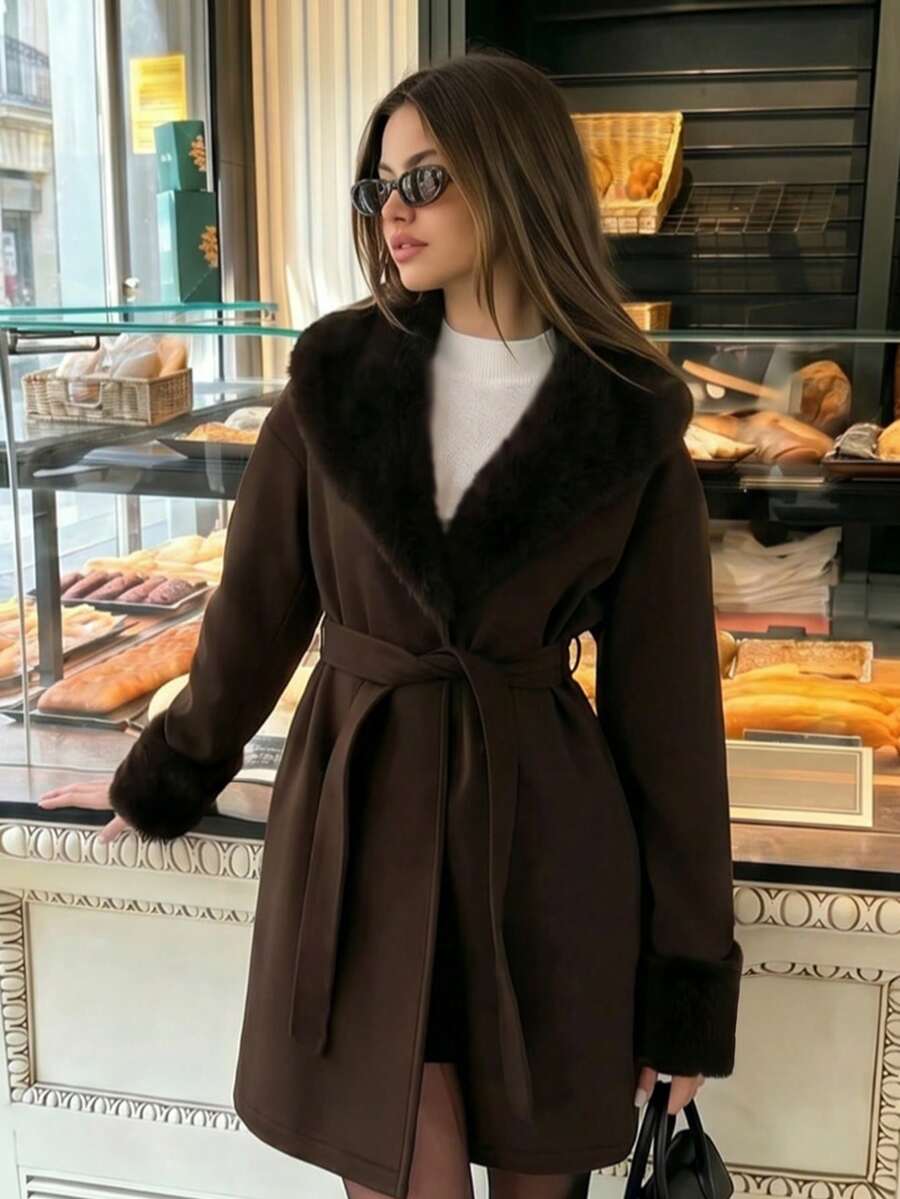 Women's Faux Fur Trim Belted Coat Long Sleeve Open Front Winter Jacket - Brown