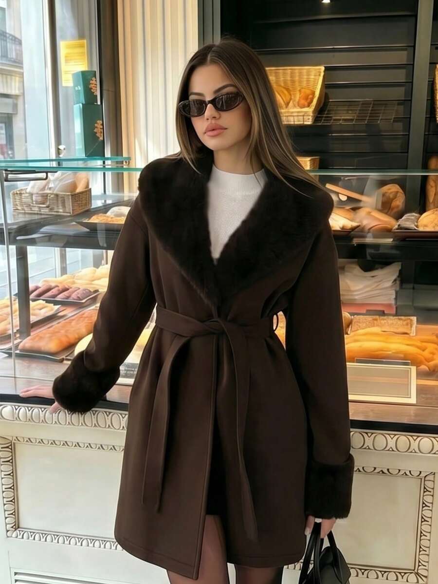 Women's Faux Fur Trim Belted Coat Long Sleeve Open Front Winter Jacket - Brown - photo 3