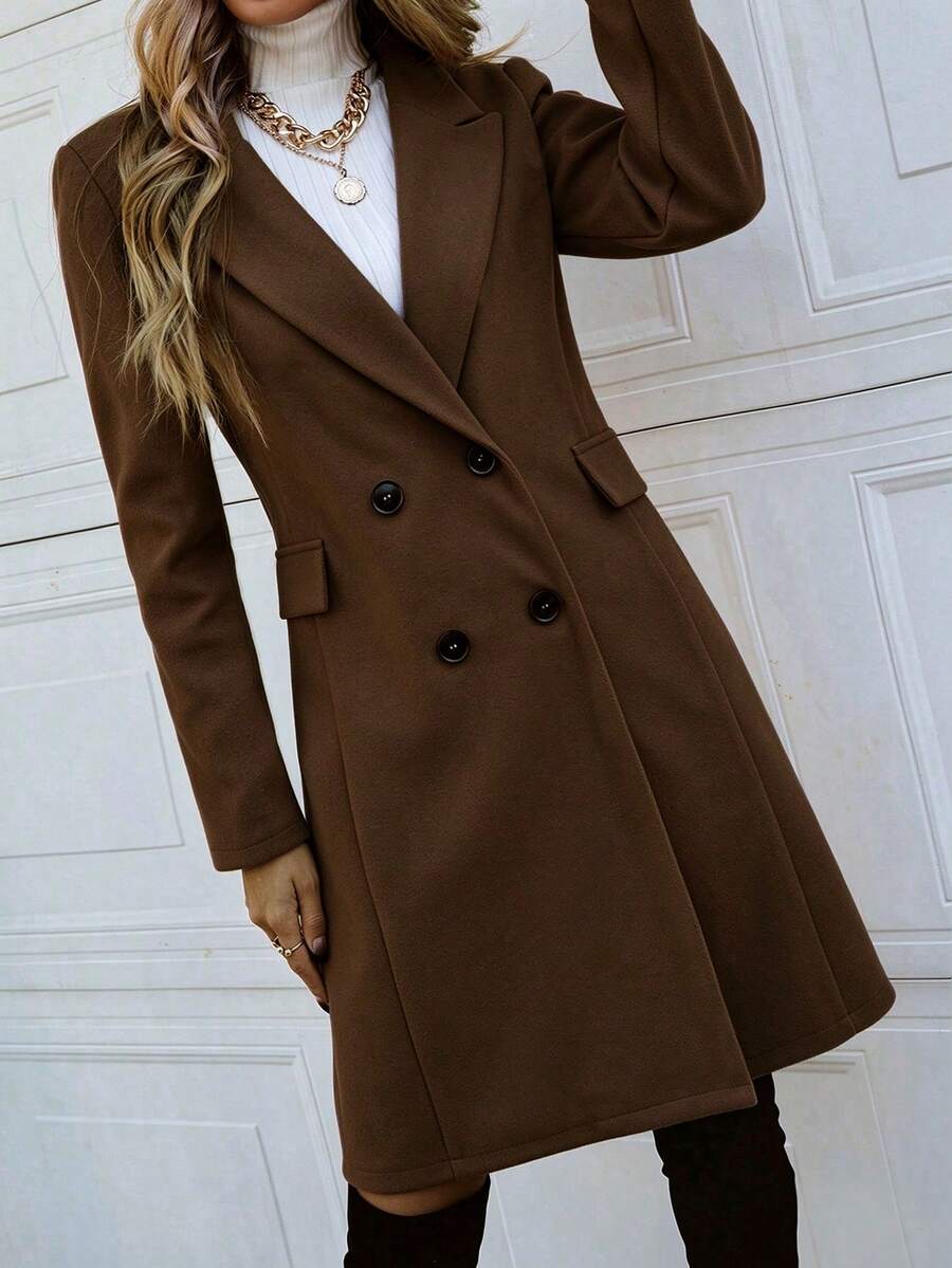 Women's Double Breasted Lapel Coat Thigh Length Long Sleeve - Brown - photo 4