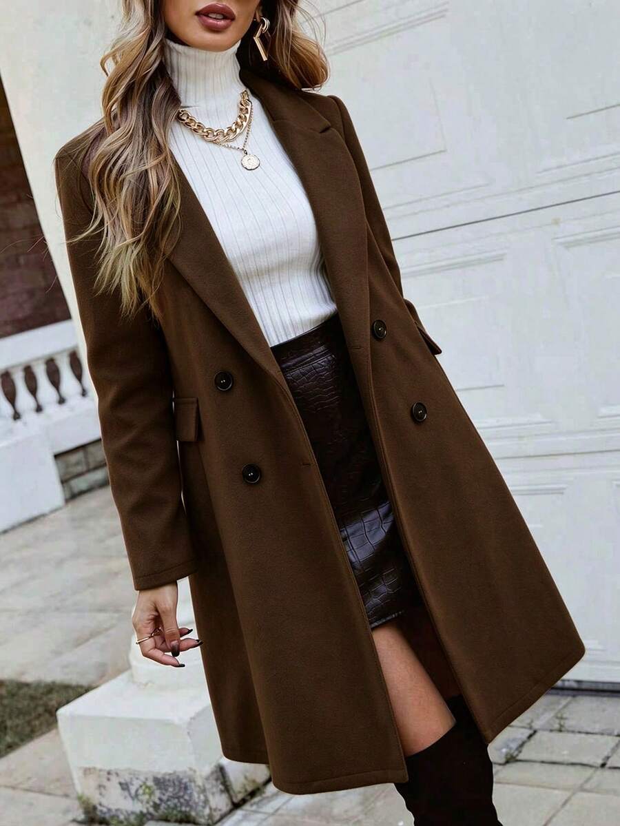 Women's Double Breasted Lapel Coat Thigh Length Long Sleeve - Brown - photo 2