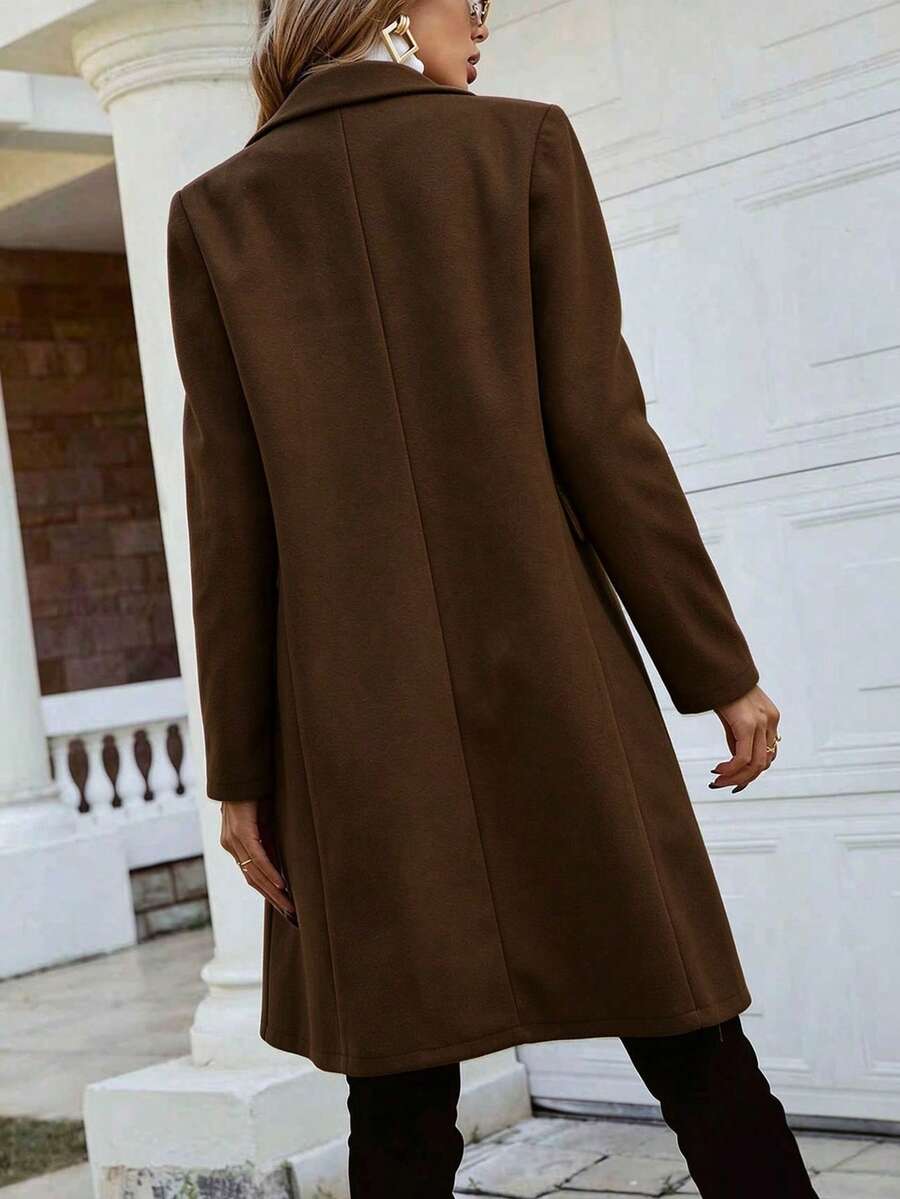 Women's Double Breasted Lapel Coat Thigh Length Long Sleeve - Brown - photo 5