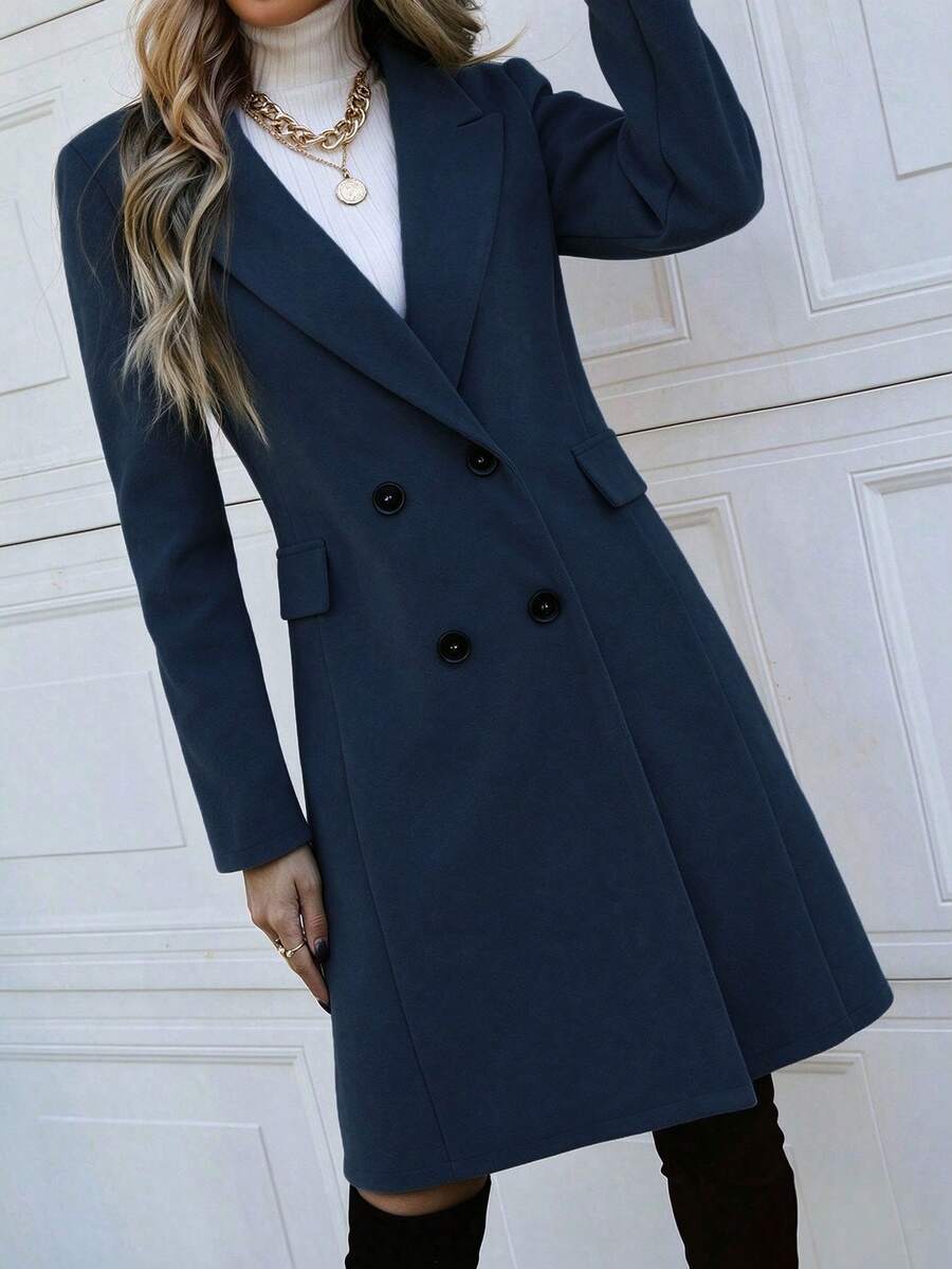 Women's Double Breasted Lapel Coat Thigh Length Long Sleeve - Navy - photo 4