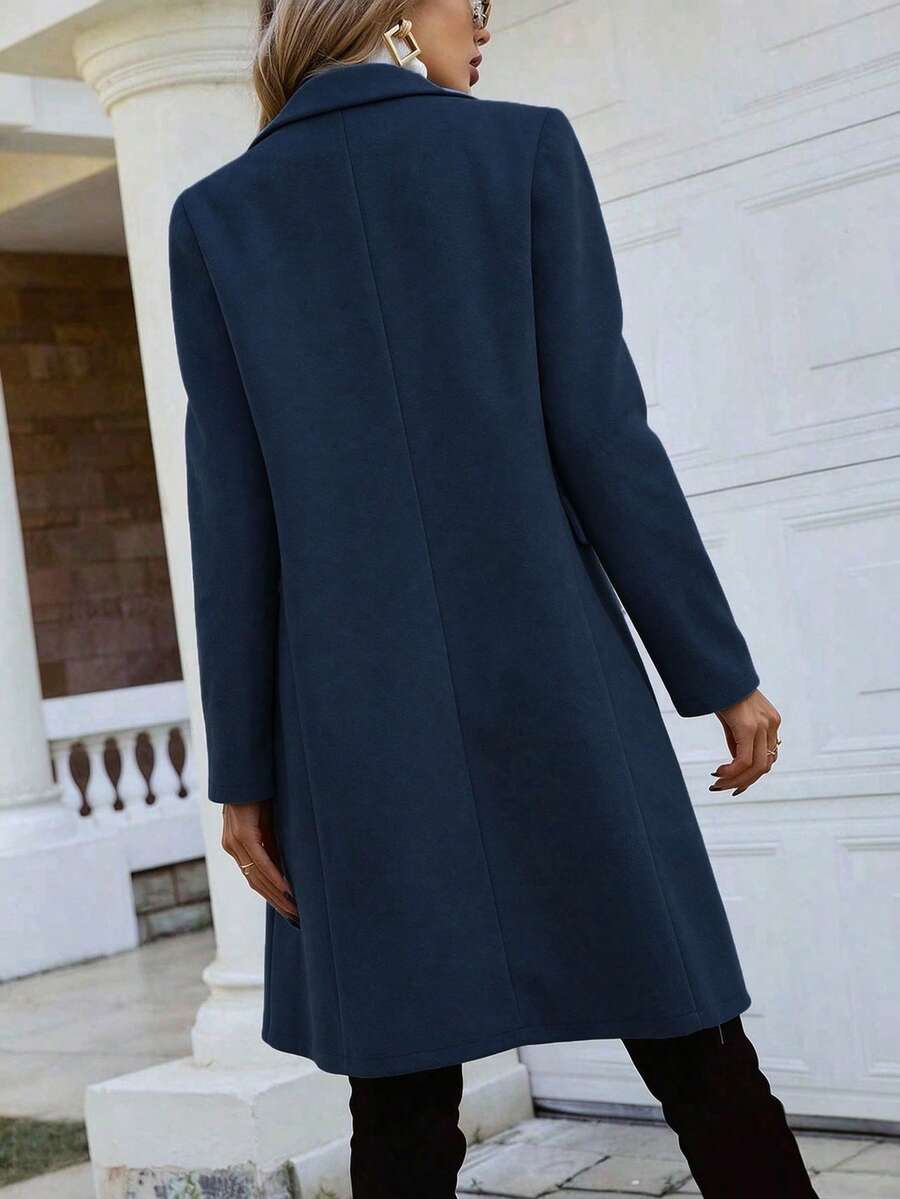 Women's Double Breasted Lapel Coat Thigh Length Long Sleeve - Navy - photo 5