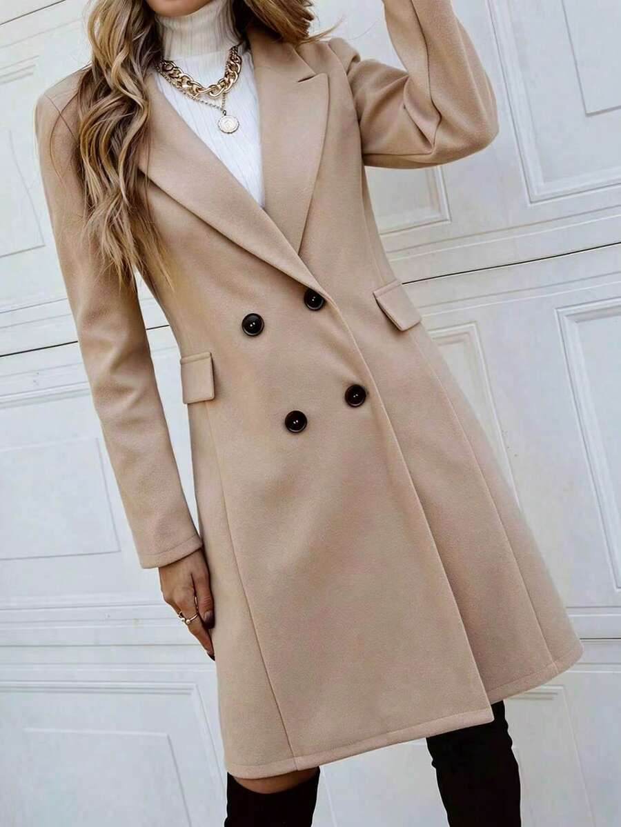 Women's Double Breasted Lapel Coat Thigh Length Long Sleeve - Beige - photo 4