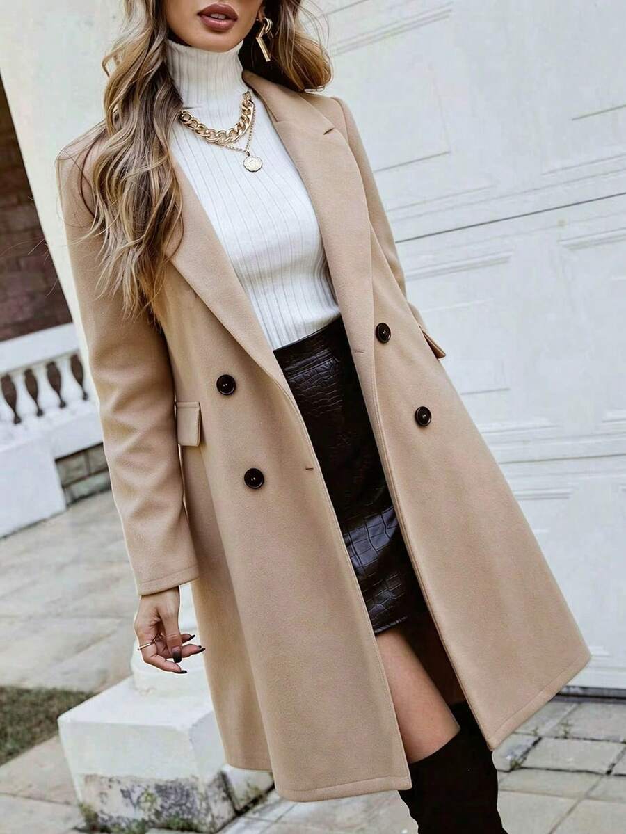 Women's Double Breasted Lapel Coat Thigh Length Long Sleeve - Beige - photo 2
