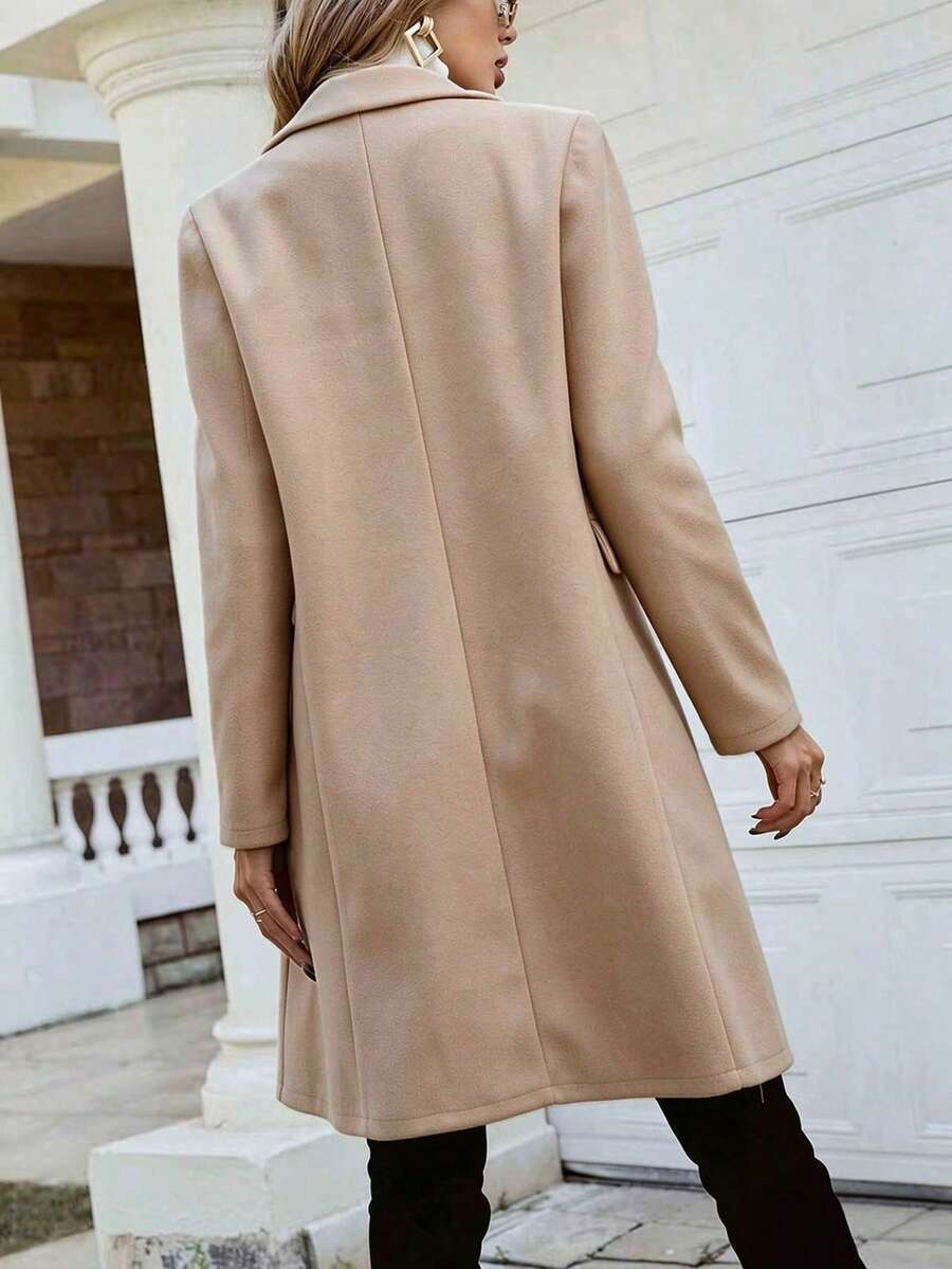Women's Double Breasted Lapel Coat Thigh Length Long Sleeve - Beige - photo 5
