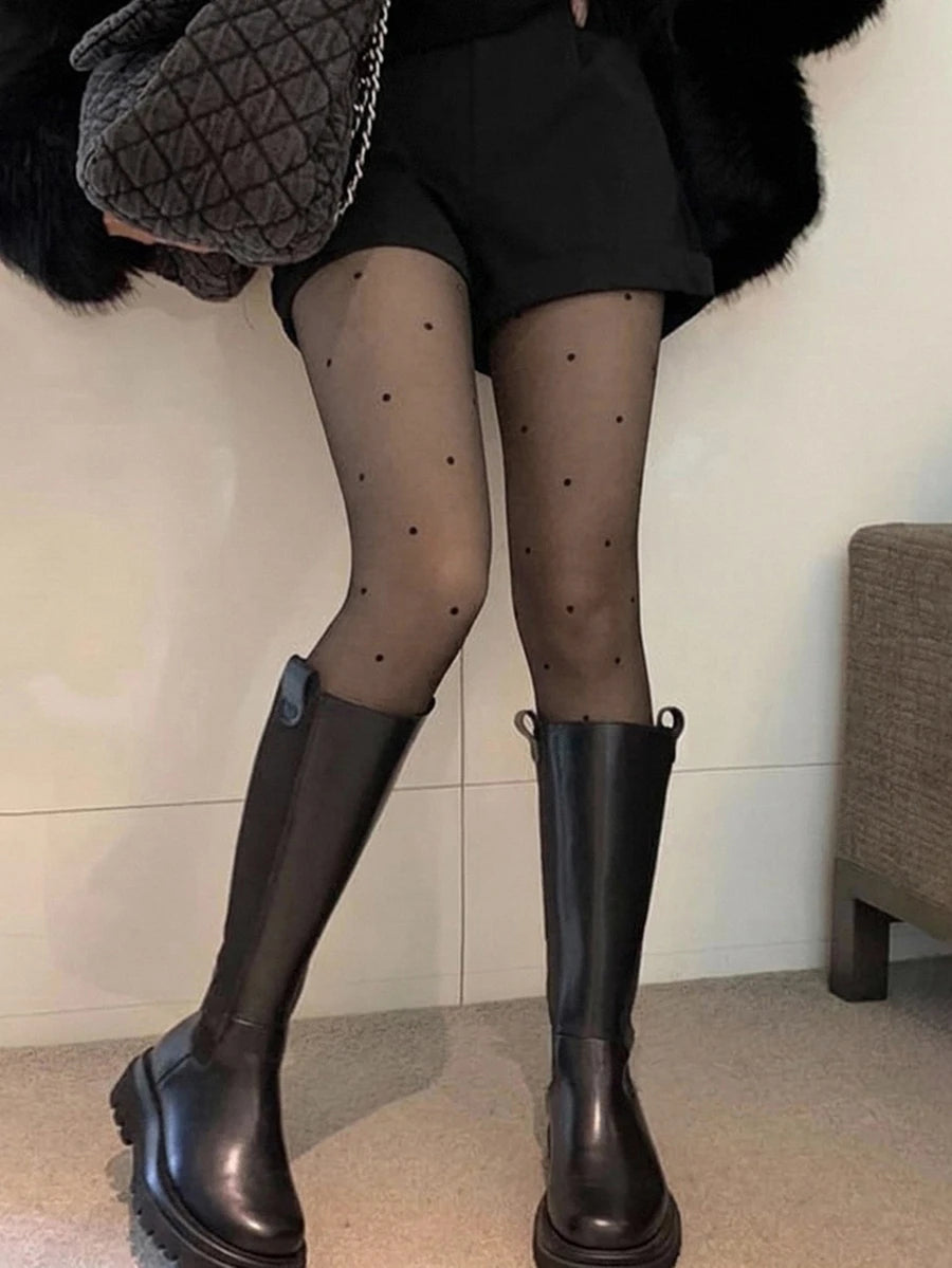 Women's Fleece Lined Tights - Black and Polka Dot - photo 5