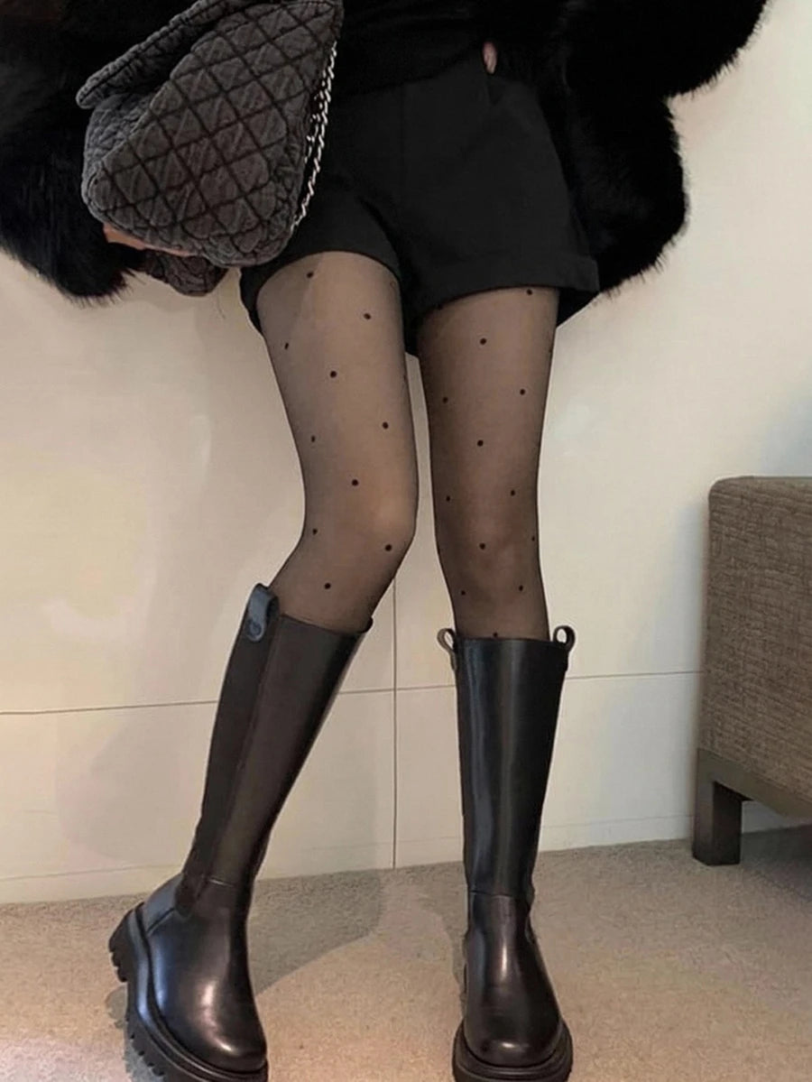 Women's Fleece Lined Tights - Black and Polka Dot - photo 2