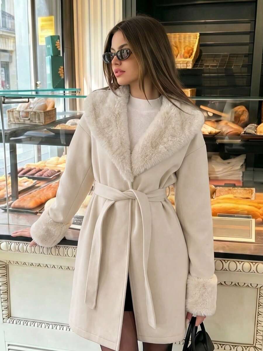 Women's Faux Fur Trim Belted Coat Long Sleeve Open Front Winter Jacket - Beige